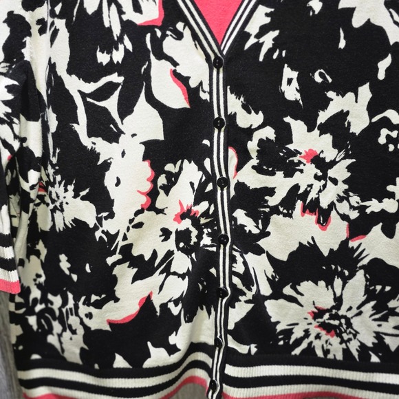 CJ Banks Black White Floral Print Cardigan Sweater Pink Trim Size 1X - Picture 2 of 6